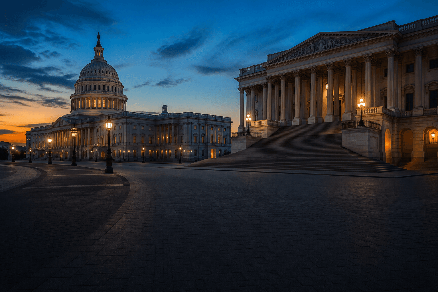 Edificios gubernamentales al anochecer en Washington