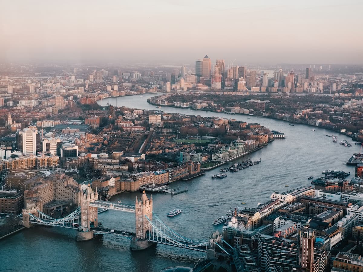 London skyline along the River Thames at dusk
