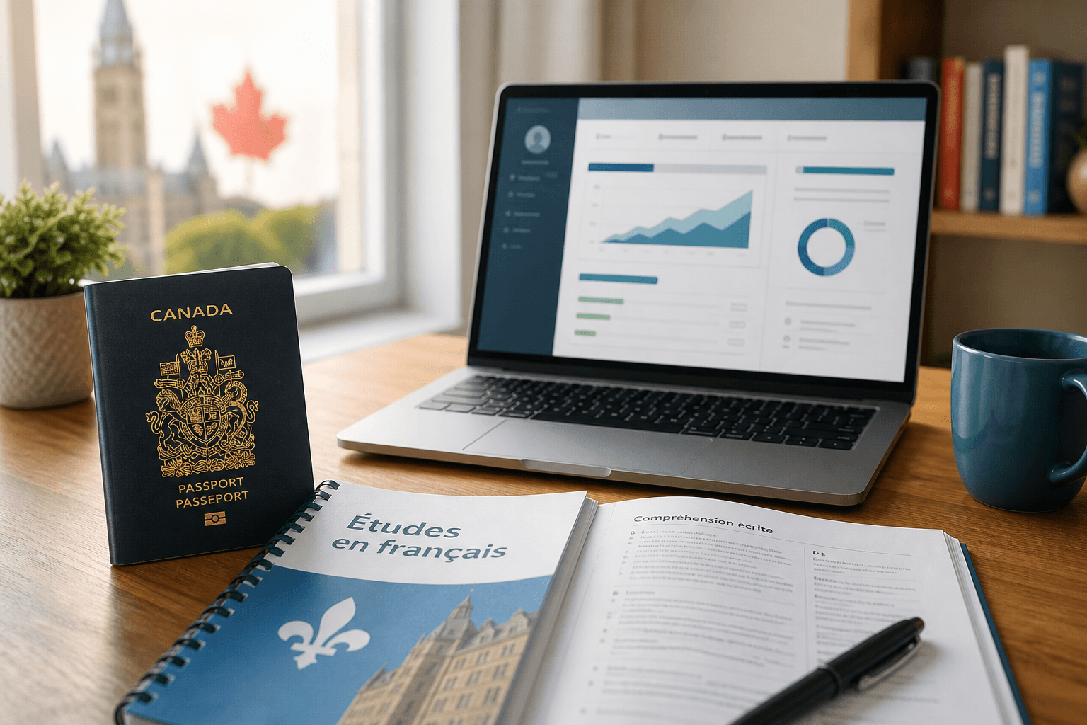 Pasaporte canadiense y materiales de francés para Express Entry