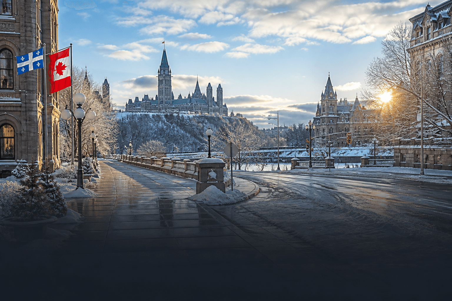 Calle nevada canadiense al amanecer