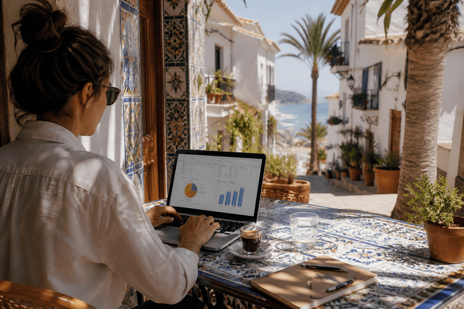 Portátil de teletrabajo en terraza española para Digital Nomad Visa